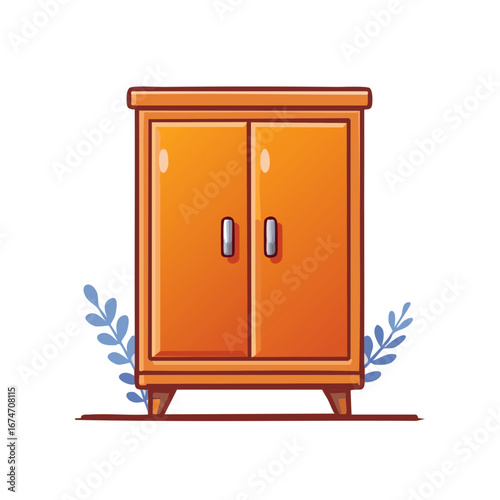 Vibrant Orange Double Door Cabinet with Stylized Plant Accents