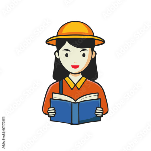 Girl Reads a Book Wearing a Hat Bright Cartoon Character Education Literacy Illustration Vector