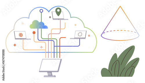 Cloud network linking laptops and a monitor with data flow, featuring abstract cone and leaf graphics. Ideal for technology, innovation, data sharing, connectivity, environment, sustainability