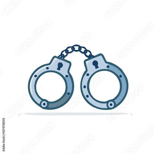 Cartoon illustration of silver handcuffs with connected chain on white background