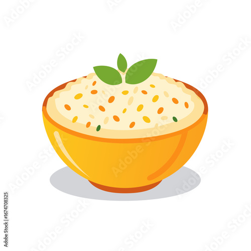 Vector Rice Bowl Illustration with Basil Leaf Topping in a Yellow Bowl