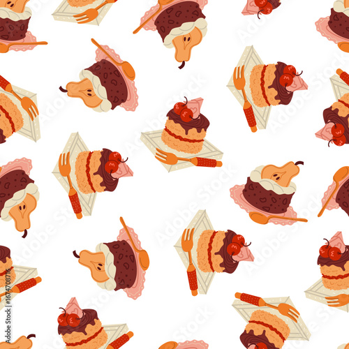 Seamless pattern with cakes with cherry and pears. Design for wrapping paper, bakery packaging, fabric designs, and cafe decor