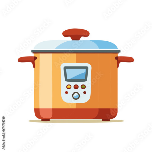 Orange Multicooker Appliance for Kitchen with Lid and Display Cooking Equipment for Recipes and Meal Preparation