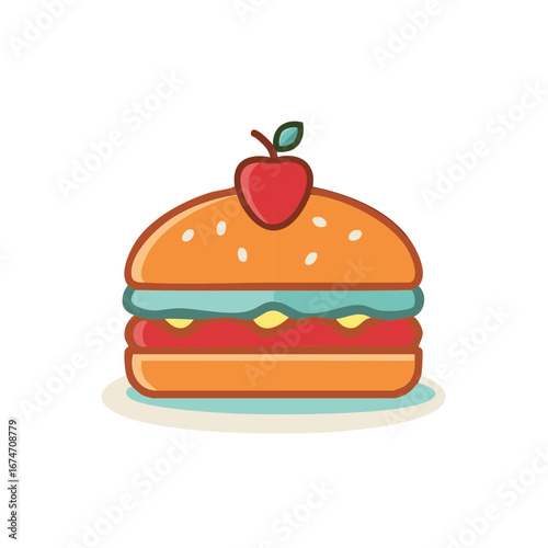 Vibrant flat design illustration of a hamburger topped with a crisp red apple.