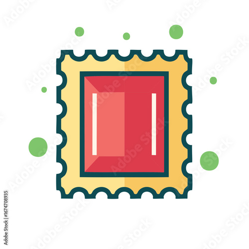 Colorful postage stamp with perforated yellow border and floating green dots illustration
