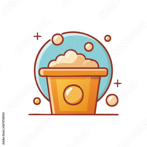 Bright cartoon yellow bucket filled with fluffy white foam, symbolizing cleaning, washing, or hygiene concept with bubbles.