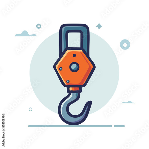 Orange crane hook with blue shackle and pulley system