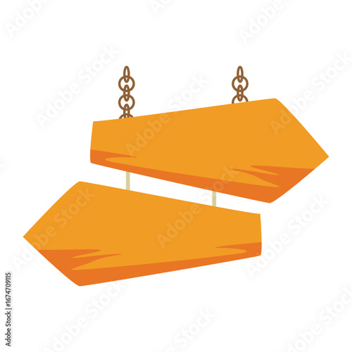 Two orange construction signs hanging from chains against a white background, indicating safety measures