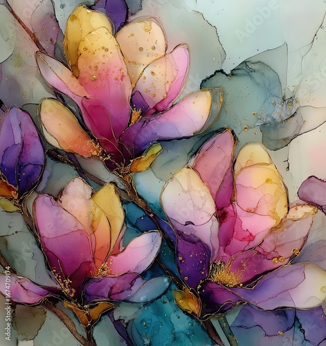 Colorful Magnolia Blooms Alcohol Ink Art
