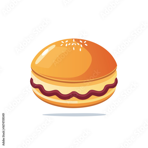 Modern Flat Design Hamburger Illustration with Golden Bun Creamy Filling and Wavy Dark Sauce