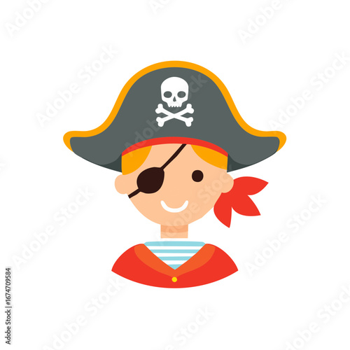 Cartoon pirate character wearing hat and eyepatch with skull image