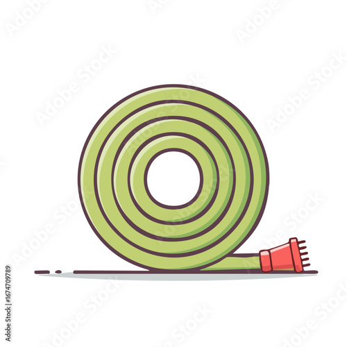 Coiled green garden hose with red nozzle for watering lawns and landscapes vector illustration