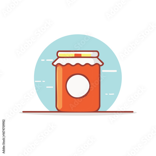 Stylized glass jar filled with orange jam and a white label against a blue circular background