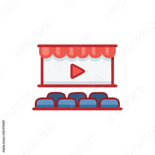 Movie Theater Screen with Play Button and Audience Seats Flat Icon
