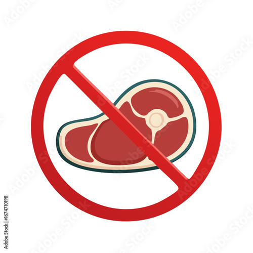 Red prohibition sign over a raw steak symbolizing no meat or vegetarianism