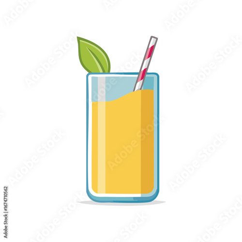 Refreshing yellow citrus juice in a tall glass with a decorative leaf and straw