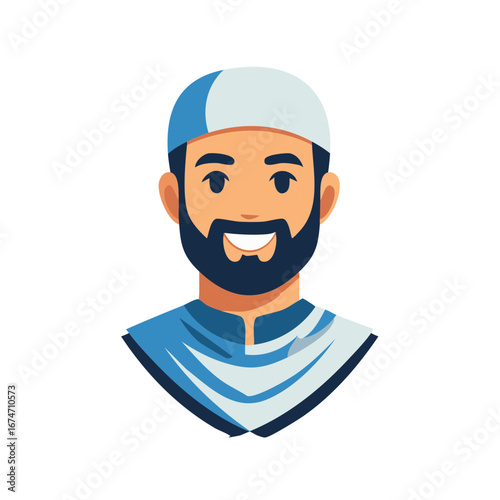 Portrait of a smiling bearded Muslim man wearing a traditional kufi cap and attire