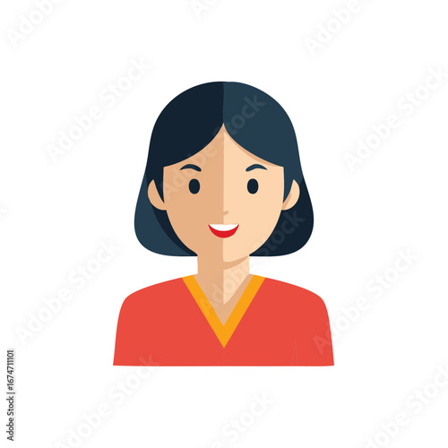 Smiling Person Illustration Woman Portrait with dark hair, red shirt with yellow border