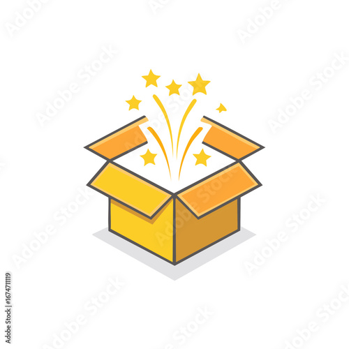 Open yellow box with orange lid edges, explosion of yellow stars and bright light inside
