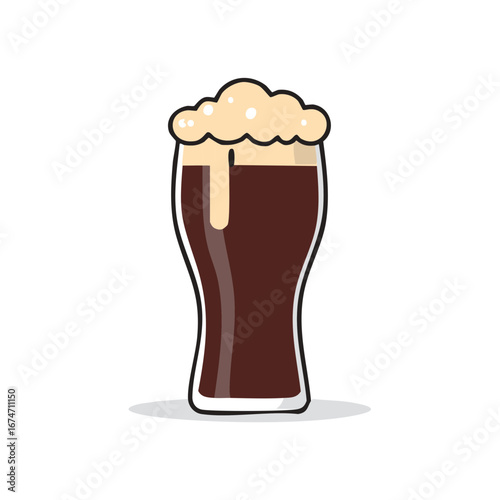 Illustration of a full glass of beer with foam and shadow, cartoon style