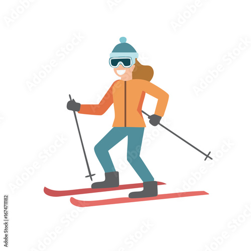 Happy Woman Skiing Downhill Wearing Winter Gear and Goggles in Bright Flat Illustration Style