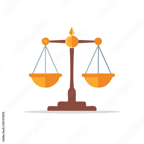 Golden and brown balance scales with two pans suspended by strings against a white background