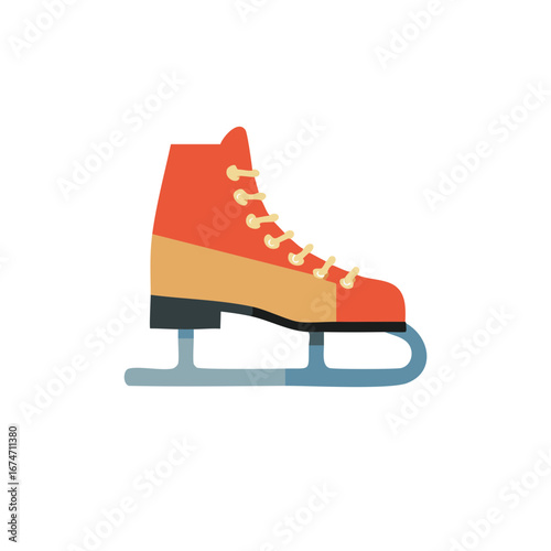 Flat design illustration of an orange and tan ice skate with blue blades, perfect for winter sports themes.