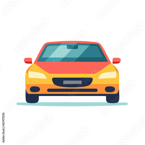 Vector illustration of a car with yellow body and red hood seen from the front on an isolated background