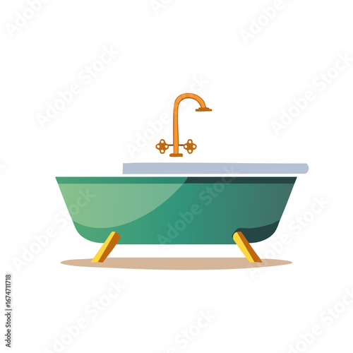 Green clawfoot bathtub with golden faucet and ornate knobs elegant bathroom fixture illustration