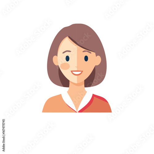 Stylized illustration of a smiling woman with short brown hair, wearing a red and orange outfit, friendly and approachable expression