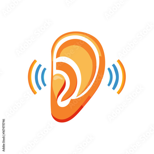 Stylized illustration of an ear with sound waves radiating, concept for hearing and audiology