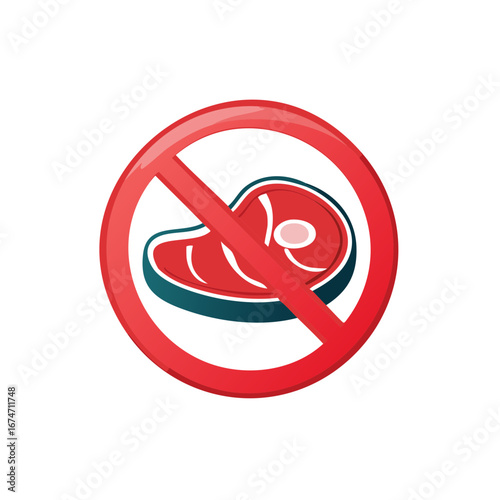 Red No Meat Sign Icon for Vegetarian and Vegan Diets, Dietary Restrictions