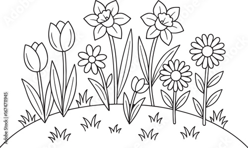 Black and white floral line art illustration featuring a variety of spring flowers including tulips daffodils and daisies perfect for coloring books and springtime crafts