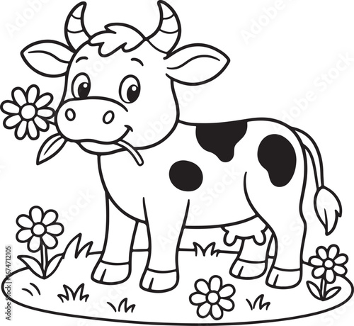 Cartoon Cow Grazing in a Field of Flowers Illustration for Childrens Books and Coloring Pages Happy Farm Animal Black and White Outline