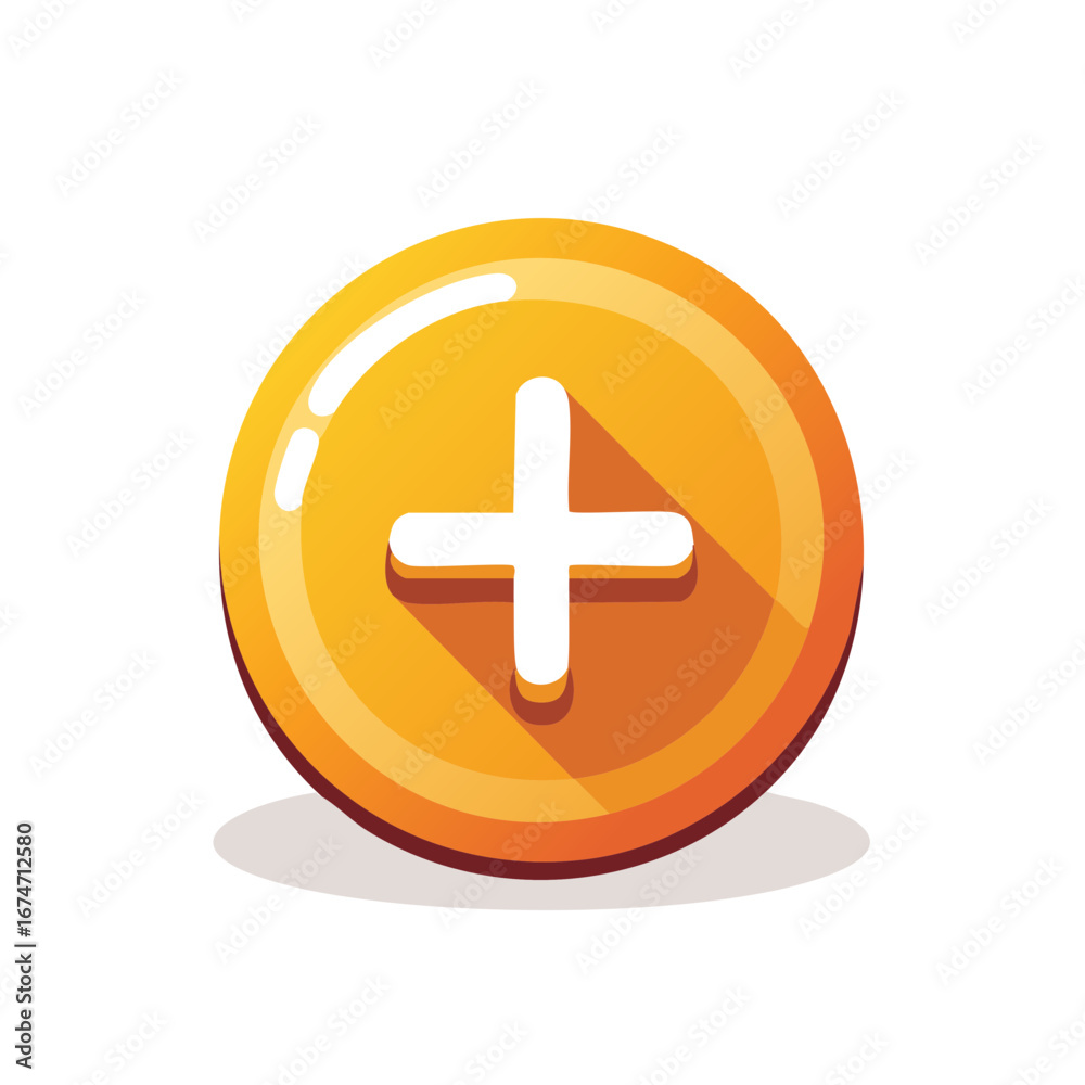 Obraz premium Glossy Orange Button with White Plus Sign for Add, Increase or Positive Actions and Outcomes