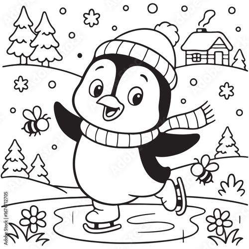 Cartoon Penguin Skating on a Frozen Pond surrounded by Winter Scenery and Bumble Bees Line Art Illustration for Childrens Coloring Book