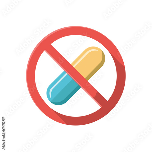 Prohibition sign with pill symbol representing no medications, avoid pills, and medical concept.