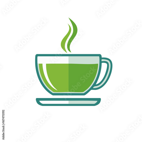 Refreshing Green Tea Steaming in a Glass Cup Sitting on a Saucer Minimalist Illustration