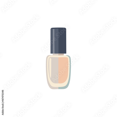 Flat illustration of a nail polish bottle with muted peach and grey colors and a dark blue cap
