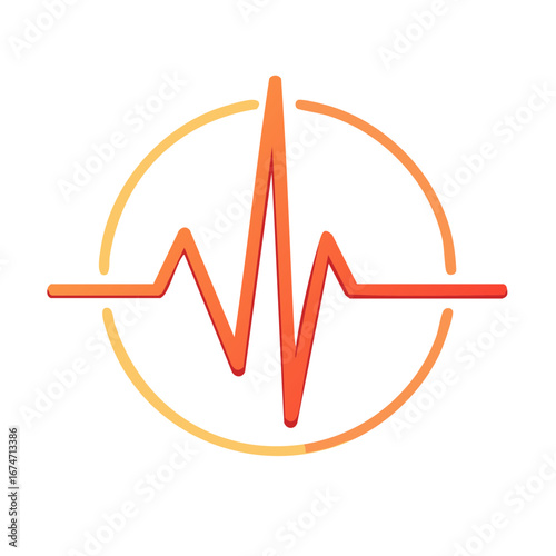 Orange pulse trace in a circle, vector line graphic illustration for health, medical logo, science concept