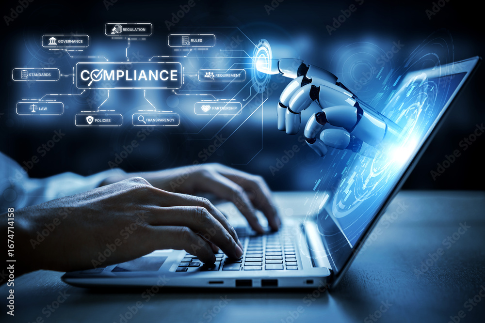 Obraz premium AI ensures compliance with automated policy checks, smart regulation systems, and intelligent auditing to protect organizations and improve transparency. Artificial intelligence spline