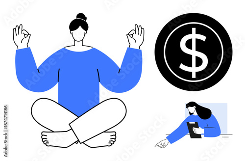 Woman meditating in lotus pose, large dollar icon, person holding a tablet. Ideal for mindfulness, financial planning, work-life balance, stress management, budgeting, wellness apps simple landing