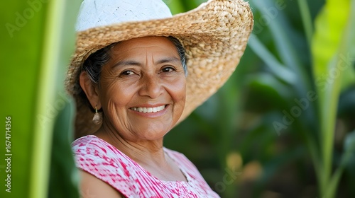 Smiling Senior Woman in Straw Hat Cornfield Portrait