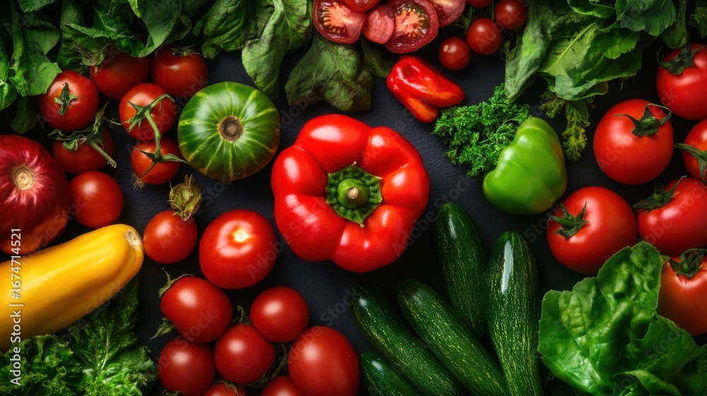 Fresh assortment of vibrant vegetables on dark background Fresh assortment of vibrant vegetables on dark background