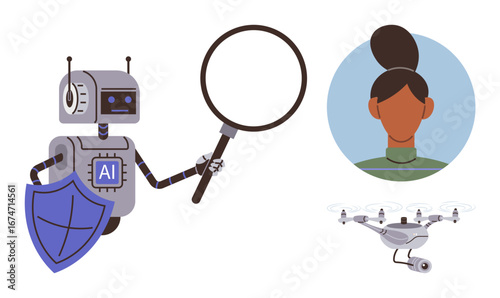 AI robot holding magnifying glass near portrait, shield for security, and Quadcopter. Ideal for AI, identity, surveillance, data analysis, privacy security automation topics. Flat simple metaphor