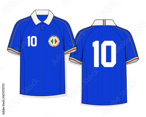 Vector polo shirt in blue with striped fabric effect, bold white number on chest and back, plus ornamental crest. Clean front and back view, perfect for sportswear templates, fashion prints and graphi