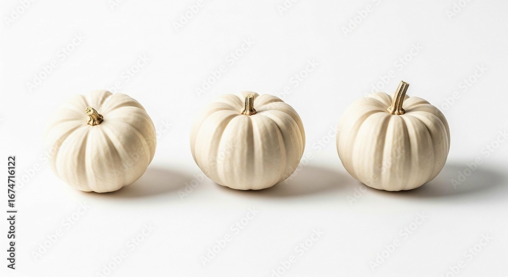 Obraz premium Elegant trio of pristine white pumpkins arranged against a luminous blank backdrop