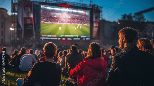 Crowd watching soccer game on large outdoor screen at sunset.