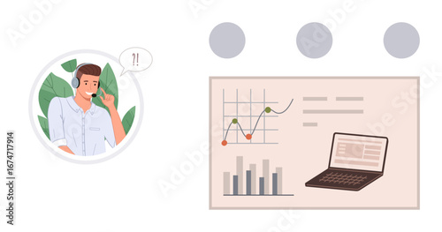 Customer support agent wearing a headset in conversation and a laptop displaying charts and graphs. Ideal for communication, teamwork, remote work, customer service, analytics, business strategy