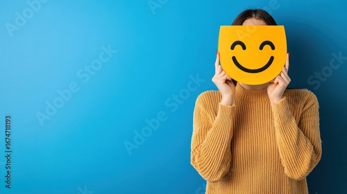 Happy face symbol and person on blue background